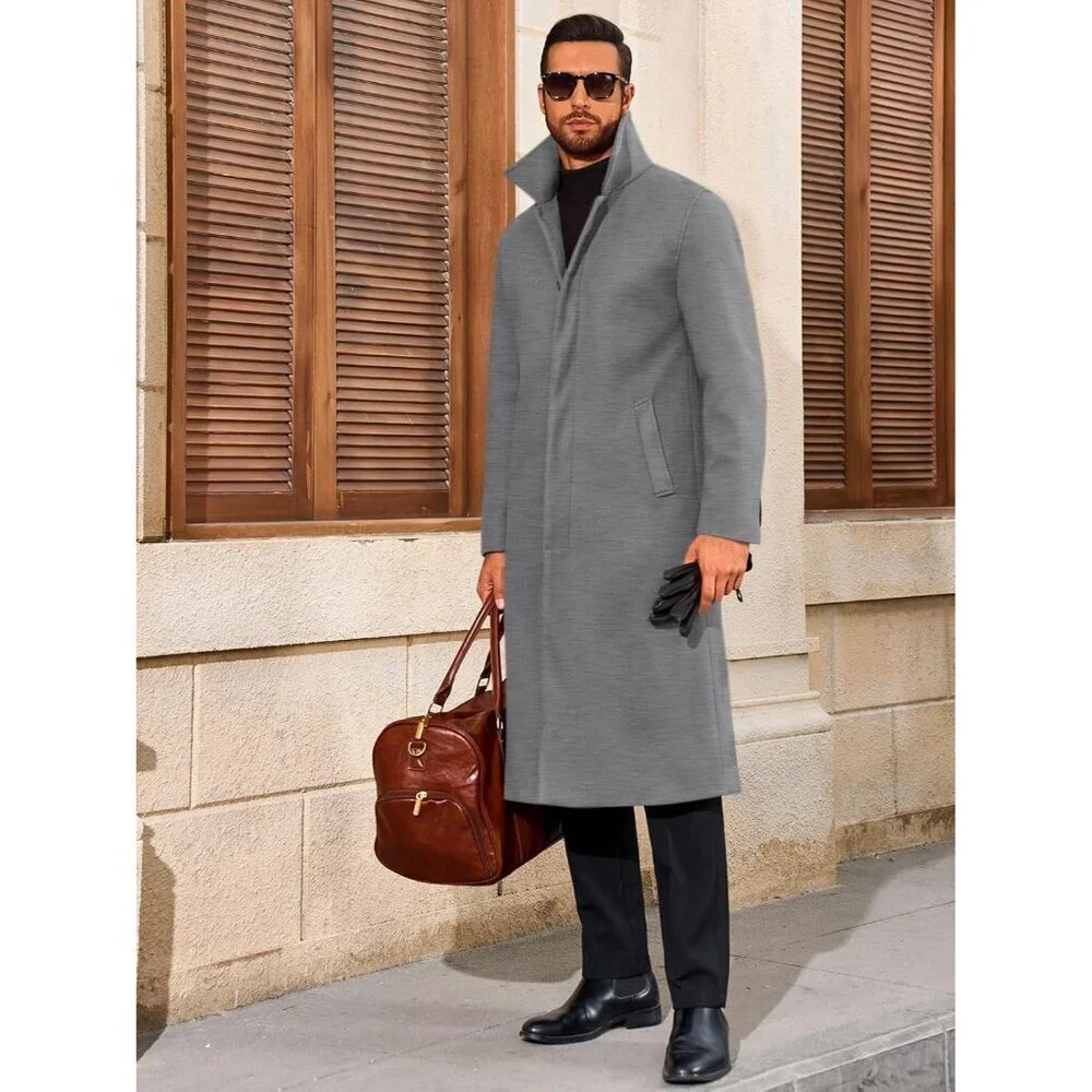 Men's Grey Long Trench Coat Single Breasted Casual Fall Winter Warm Pea Coat